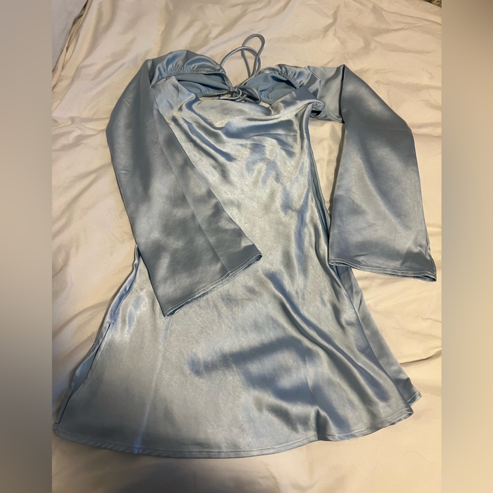 Beginning Boutique Long Sleeve Satin Dress in Silver Blue